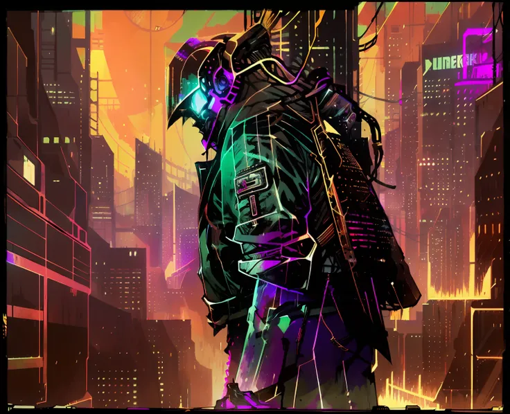 make an art with cyberpunk environment, with a character in the middle, strong man on his back with brown hair, cyberpunk jacket...