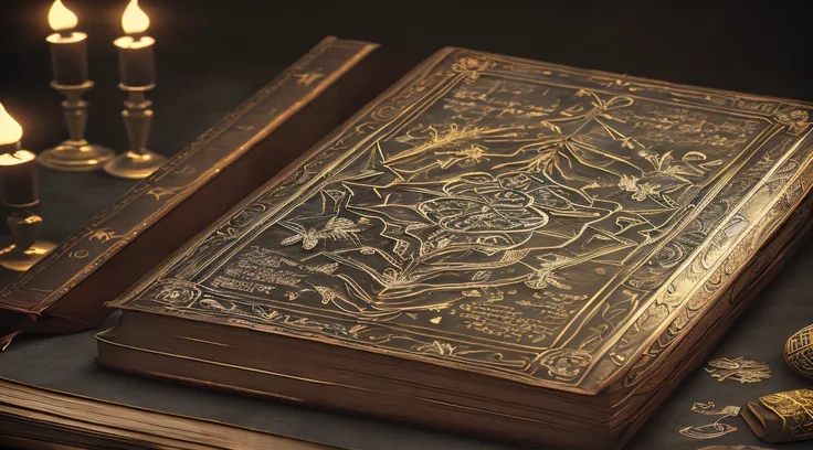 An ancient book with intricate engravings, containing forgotten spells and enchantments, Evokes a sense of wonder and curiosity, Dramatic lighting from an unknown source, Fantasy, intricate details, good anatomy, perfectly drawn, Insane detailed, 4k, cinem...