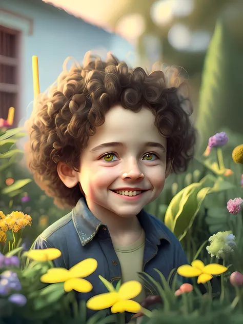 a small boy, very kind cute boy, smiling with curly hair,bright eyes, playing in the garden, garden with lots of flowers, hyper ...