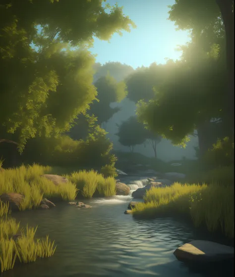 realistic landscape, 3d, light, nature, anime, ray tracing, dense forest, animals, water stream, (semi-silhouette light:1.1), (r...