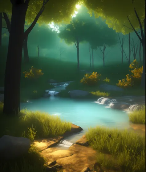 realistic landscape, 3d, light, nature, anime, ray tracing, dense forest, animals, water stream, (semi-silhouette light:1.1), (r...