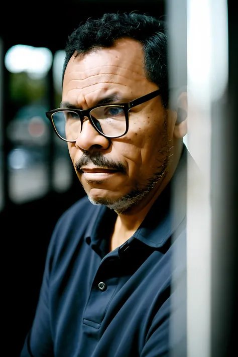 guttonerdvision6, detailed man with glasses, 50 years old, tall, dark hair color, light skin color, taken with a Leica M6 and a Leica 75mm F1.25 Noctilux, atmospheric lens.