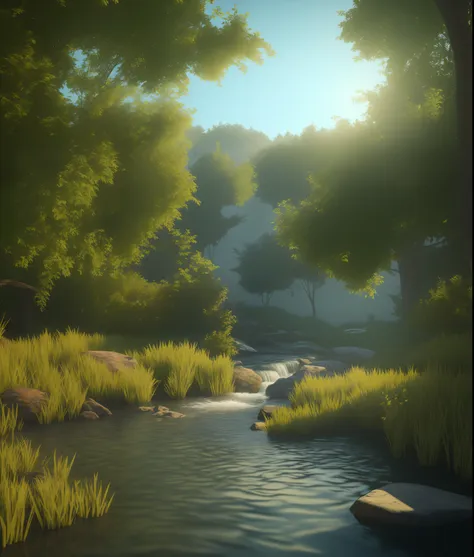 realistic landscape, 3d, light, nature, anime, ray tracing, dense forest, animals, water stream, (semi-silhouette light:1.1), (r...