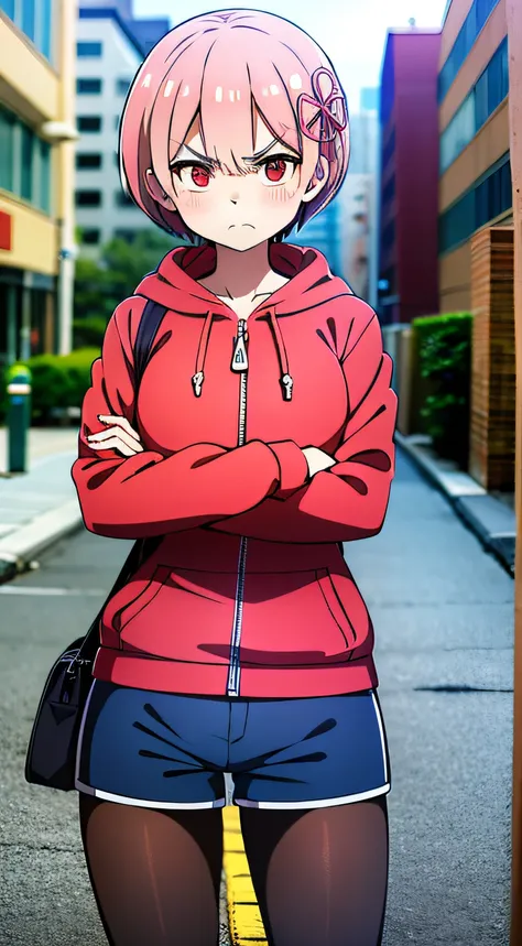 masterpiece, rem rezero, pink hair, red eyes, detailed eyes, angry face, red hoodie opened zipper, blue shirt, dark shorts, pantyhose, casual oufit, crossed arms, standing in the middle of the street, legs apart, looking at the viewer,