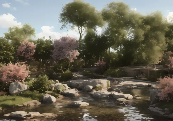 spring, night, garden, lake, stone bridge, peach blossom, trees, flowing water, landscape, outdoor, grass, rocks, (illustration: 1.0), epic composition, realistic lighting, hd detail, masterpiece, best quality, (very detailed CG unity 8k wallpaper), clay t...