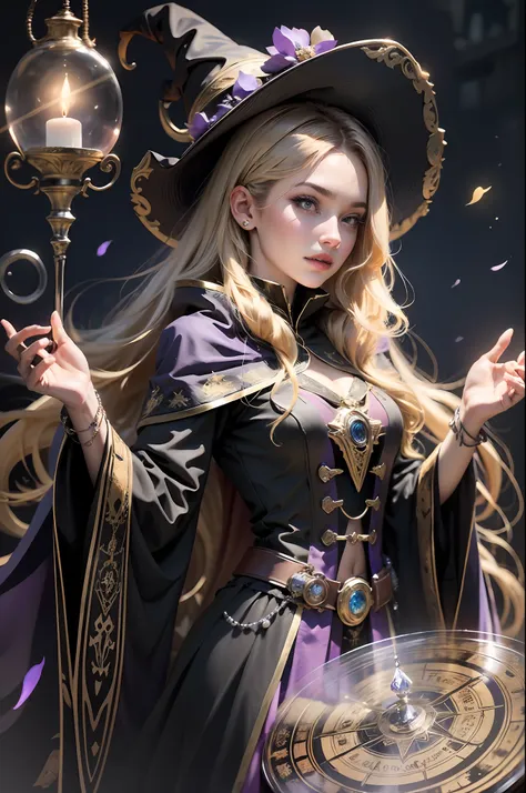 (((extremely detailed face))),(((best quality)))1 woman, 8k, a beautiful blonde sorceress in black clothing, black cape with pur...