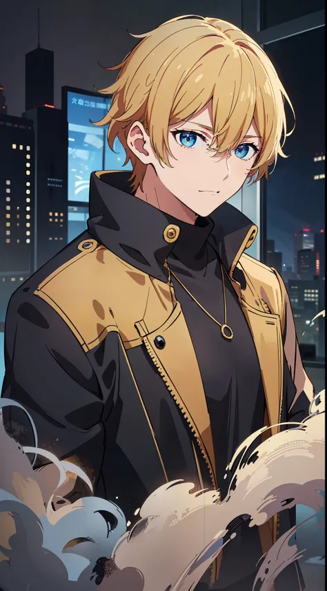 the image of an anime guy with a unique color scheme is a blonde with partially brown hair, blue and yellow shades of eyes. 8k q...