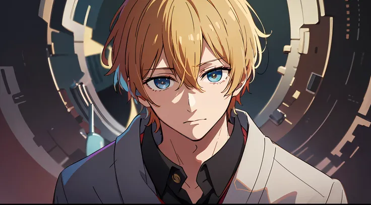 The image of an anime guy with a unique color scheme is a blonde with partially brown hair, blue and yellow shades of eyes, in a mysterious kimono. 8k quality with high detail, creating a masterpiece impression. The theme of mysticism with the world of hel...