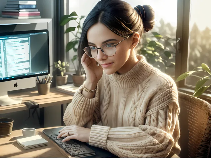 a  beautiful lady with a well groomed bun and glasses, wearing a knitted sweater, soft smile, working on some coding on the comp...