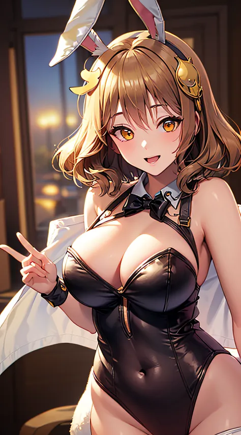 best quality, ultra-detailed,,1girl, solo,  nikkeanis, cross-eyed,  short_hair, open_mouth, large_breasts, brown_hair, hair_orna...