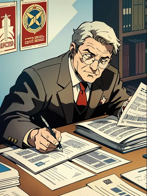 (masterpiece), (great detail), soviet propaganda poster, a former professor in gray suit and glasses reviewing documents in his ...