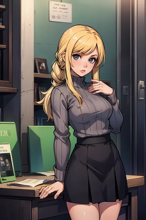 masterpiece, best quality, agrias, grey sweater, black skirt, standing, looking at viewer, blonde hair, office backdrop