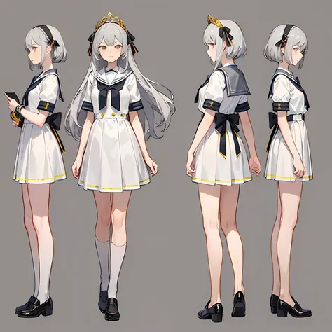 ((((gray background,)))),polka_dot, background, full body, white school uniform, front view, side view, rear view, golden eyes, glowing pupils, delicate headdress, long straight white hair, ribbon, jewelry, light smile, dress uniformly, (reference table), UHD, ccurate, super detail, award-winning, high detail, best quality, 8k