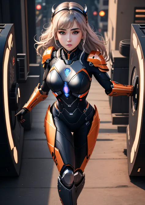 best quality, 8k, photography, beautiful eyes, detailed eyes, giant 3d printer, 1girl, cyborg, full body, perfect body, running, medium breasts, top viewer, orange and black armor