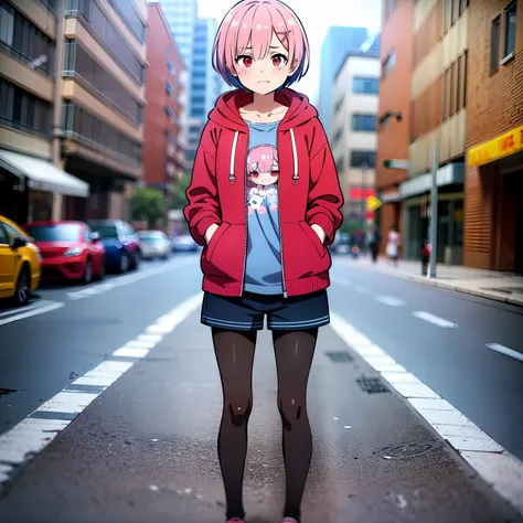 masterpiece, rem rezero, pink hair, red eyes, detailed eyes, sad face, eyes almost closed, red jacket hoodie, blue shirt, dark s...