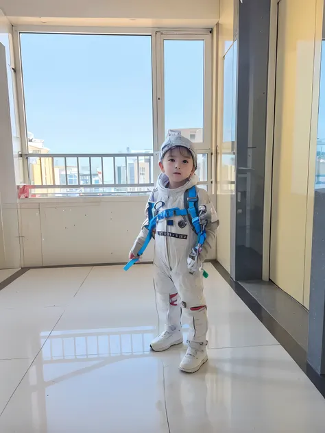 there is a young boy standing in a room with a backpack, in a space cadet outfit, wearing astronaut outfit, wearing a space suit...