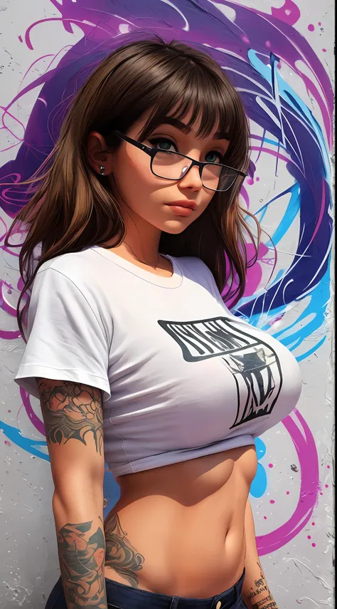 1beautiful nerd girl, big breasts, white t-shirt, tattoos, abstract background graffitti