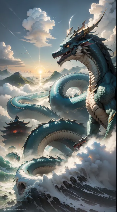 A huge dragon like a mountain devours the sun and the moon, its figure appears in the clouds, the black water is surging, (the waves rush to the sky), the fairy mountain island, (the pavilion is in the clouds in mid-air), ((clouds and mist)), roaring, fier...