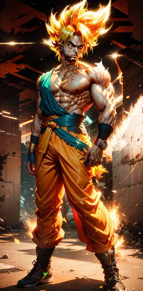 goku, adult man with long neon golden hair extremely muscular, defined muscles full of veins, dark orange colored clothing torn,...