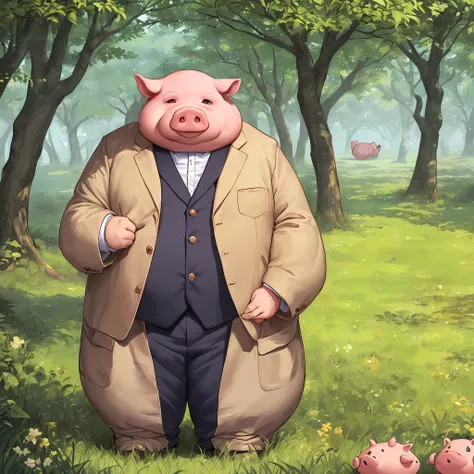 Standing in the primeval deep forest (a chubby pig character with some human-like features. He has a round face with two small eyes flashing mischievously. His mouth is large and his lips are thick. (Lazy and cute atmosphere: 1.9) (Wearing a suit 1.9) --au...