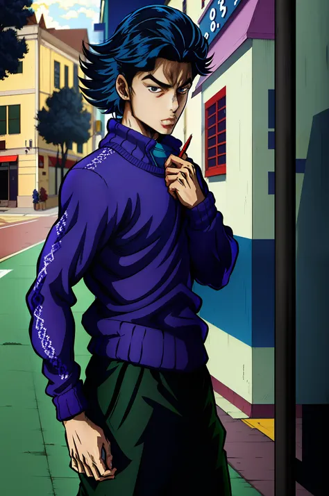 (masterpiece, best quality, high quality: 1.4), professional artwork, intricate details, sharp focus, detailed photo, realistic lighting, pixiv trend, (vivid lighting, vibrant colors: 1.1), solo, 18 year old boy with hair blue and short, wearing a red swea...
