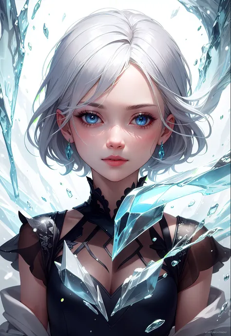 "a magical portrait of a girl with blue eyes and platinum short hair in a black dress, personifying the element of ice. the deta...