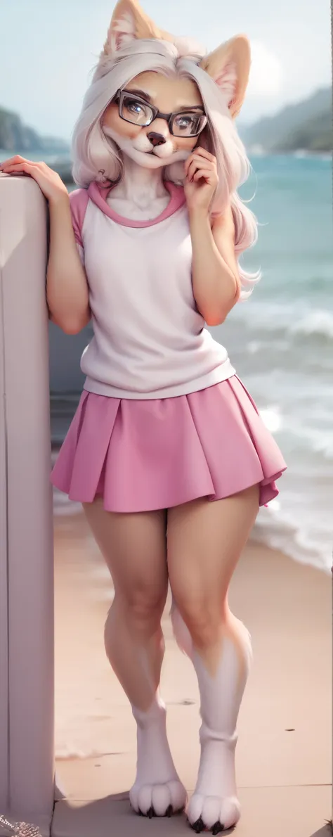 anthro furry, fursona, dark brown and white hair, wearing pink and white skirt, pose, bright background, beach in the background...