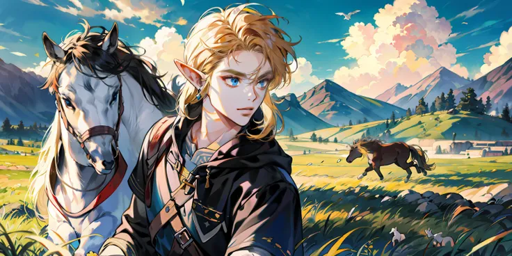 (absurdres, highres, ultra detailed, realistic), (1 male, solo, adult, Link, elf, tall blond guy, broad shoulders, handsome), pretty blond hair, blue eyes, (angular jaw, thick neck, thick eyebrows), BREAK, forest, fantasy, breath of the wild, botw, extreme...