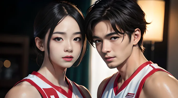 (all two men), very handsome muscular two young men in their 20s, they wear the same Basketball uniforms, mischievous smile, (small details: 1 in 1), natural muscles, higher quality, beautiful eye, (Detailed face and eyes), (face、: 1 of 2), noise, real pic...