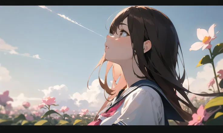 (masterpiece, best quality),1girl, solo, flower, long hair, outdoors, letterboxed, school uniform, day, sky, looking up, short s...