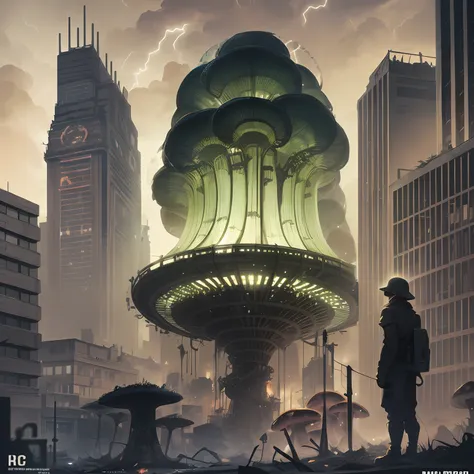 sci-fi city, art deco, huge biological mushroom in the city center, zombie apocalypse radiation storm, black mold, mold, toxic e...