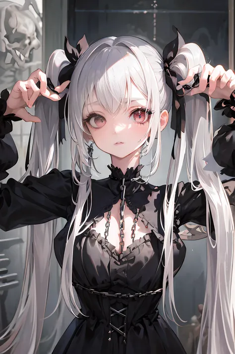 vampire, fangs, plaid dress, super gorgeous, extremely detailed, complicated hairstyle, bow, lolita fashion, lolita style, anime...