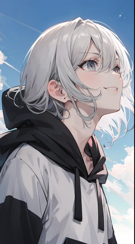 1man, wearing a black hoodie, gray eyes, stylish modern gray hair, looking up at the sky, badass, glare, sly smile