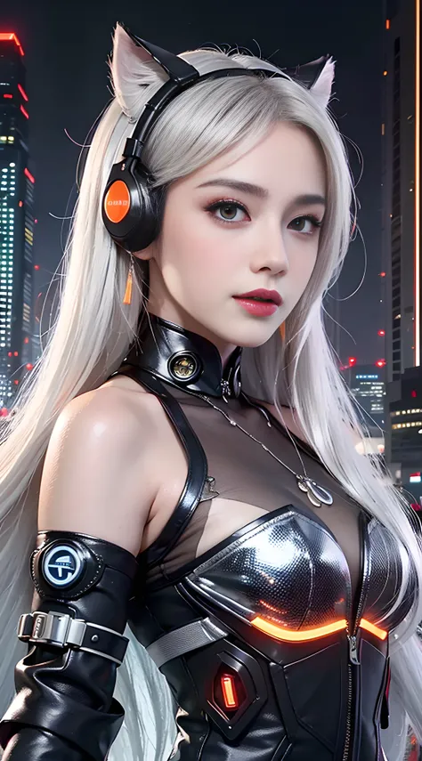 1 girl, chinese_clothes, liquid silver and orange, cyberhan, cheongsam, cyberpunk city, dynamic pose, detailed luminous headphon...