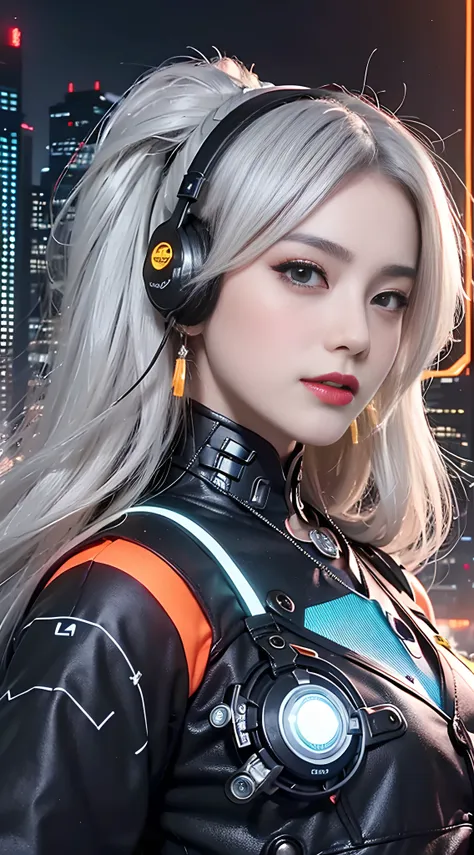 1 girl, chinese_clothes, liquid silver and orange, cyberhan, cheongsam, cyberpunk city, dynamic pose, detailed luminous headphon...