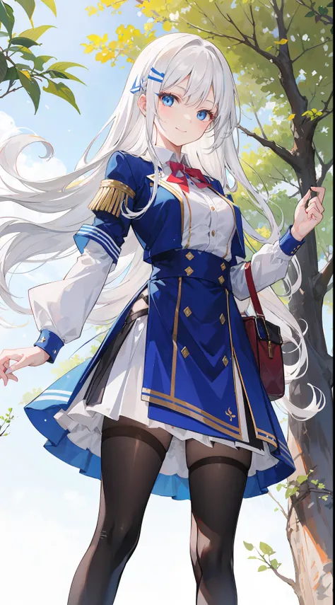 creat a girl with flowing variant white hair and striking sharp blue eyes, she was wearing a fantasy high school uniform and had...