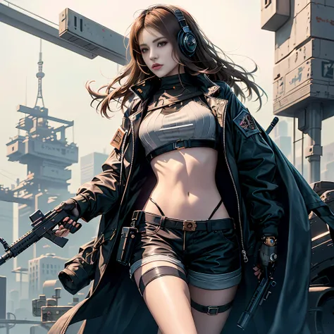 there is a woman in a black jacket and shorts holding a gun, female cyberpunk anime girl, cyberpunk anime girl, cyberpunk angry ...