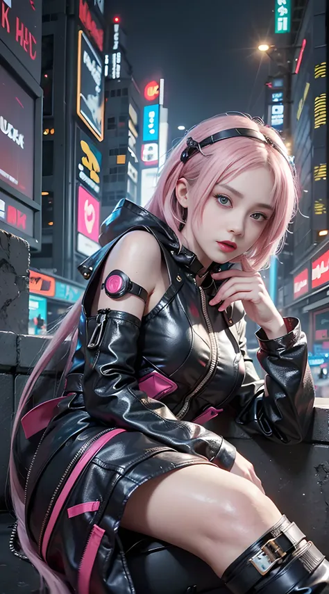 a woman with pink hair sitting on top of a wall, anime cyberpunk art, cyberpunk anime art, female cyberpunk anime girl, cyberpun...