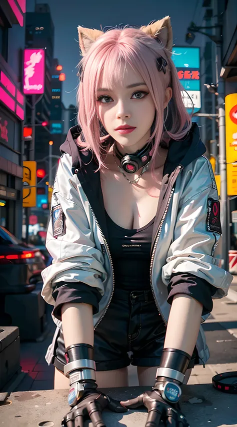 a woman with pink hair sitting on top of a wall, anime cyberpunk art, cyberpunk anime art, female cyberpunk anime girl, cyberpun...