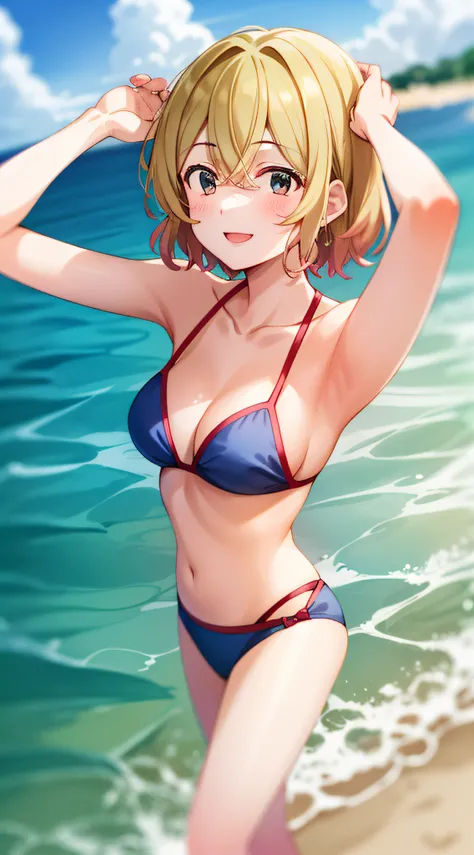 Mami nanami, beach background, smiling, wearing bikini, with cloudy sky