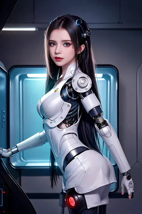 dystopian, [sci-fi], high detail raw color photo, full shot, of (cute female arterial intelligence, cybernetic enhancements), in...