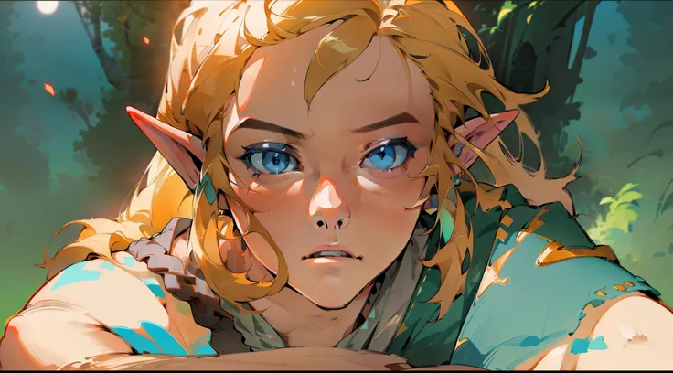 (8k, RAW photo, best quality, masterpiece: 1.2), (realistic, photorealistic: 1.37), (1boy) blond hair, (((/dull blue eyes/))), calm expression, closed mouth, (antique, covered and), (((NOT NSFW))) hyrule background, (((night))) moonlight, fantastic atmosph...