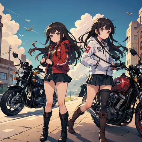 two beautiful girls, black hair long hair, brown hair shortcut, fluttering hair, travel, motorcycle, touring, tandem, sr400, hor...