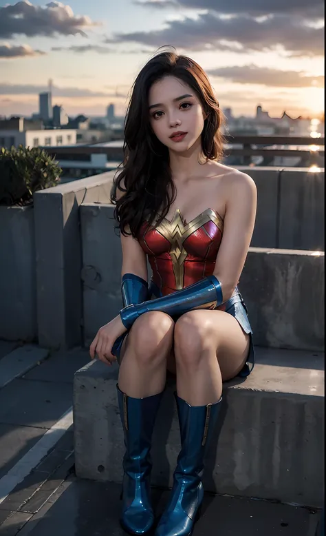 1girl, (twilight), (looking at the viewer, (biting lips)), wonder woman, cityscape, (flying), blue sky, cloud, lips apart, socks...