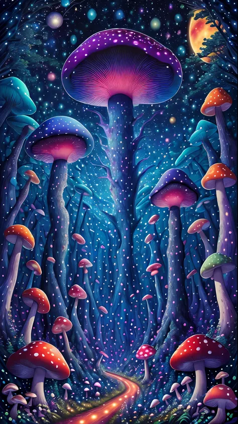 (mushroom forest, starry sky, night, psychedelic colors, very detailed, 8k, fireflies, saturn in the background, lsd)