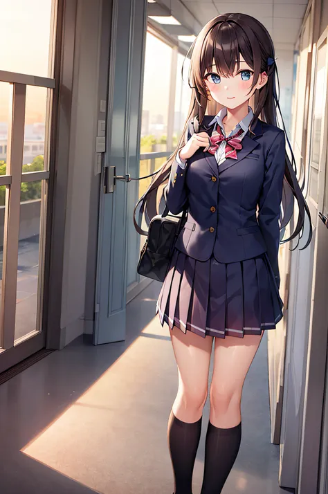 {masterpiece}, {highest quality},1 girl,school_uniform,sunset