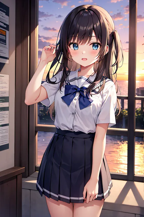 {masterpiece}, {highest quality},1 girl,school_uniform,sunset