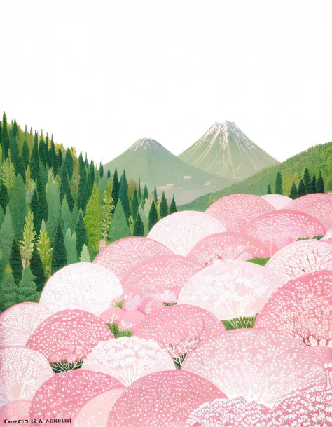 there is a picture of a pink flower field with mountains in the background, cherry blossom forest, background of flowery hill, j...