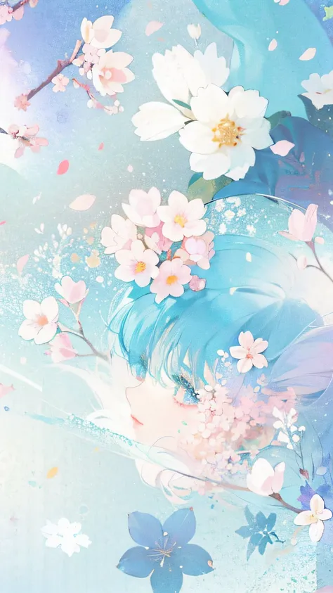 there is a picture of a blue and pink background with flowers, pastel flowery background, flowing sakura-colored silk, flowing s...