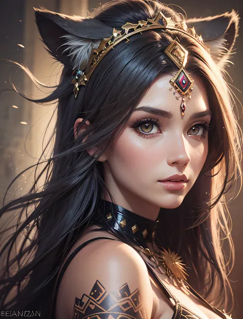 painting of an amazon woman in anime style with a tiger on her head, stunning digital illustration, behance fantasy art, full bo...